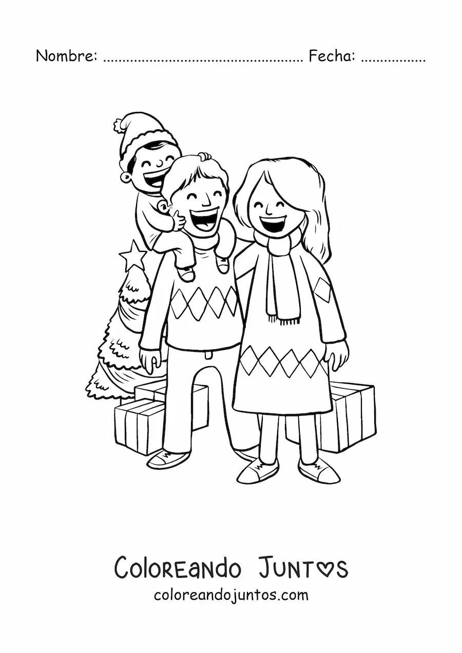 Imagen para colorear de familia con niño celebrando la Navidad junto al arbolito