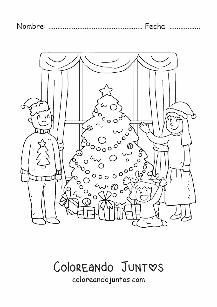 Imagen para colorear de familia con niña celebrando la Navidad en casa junto al arbolito