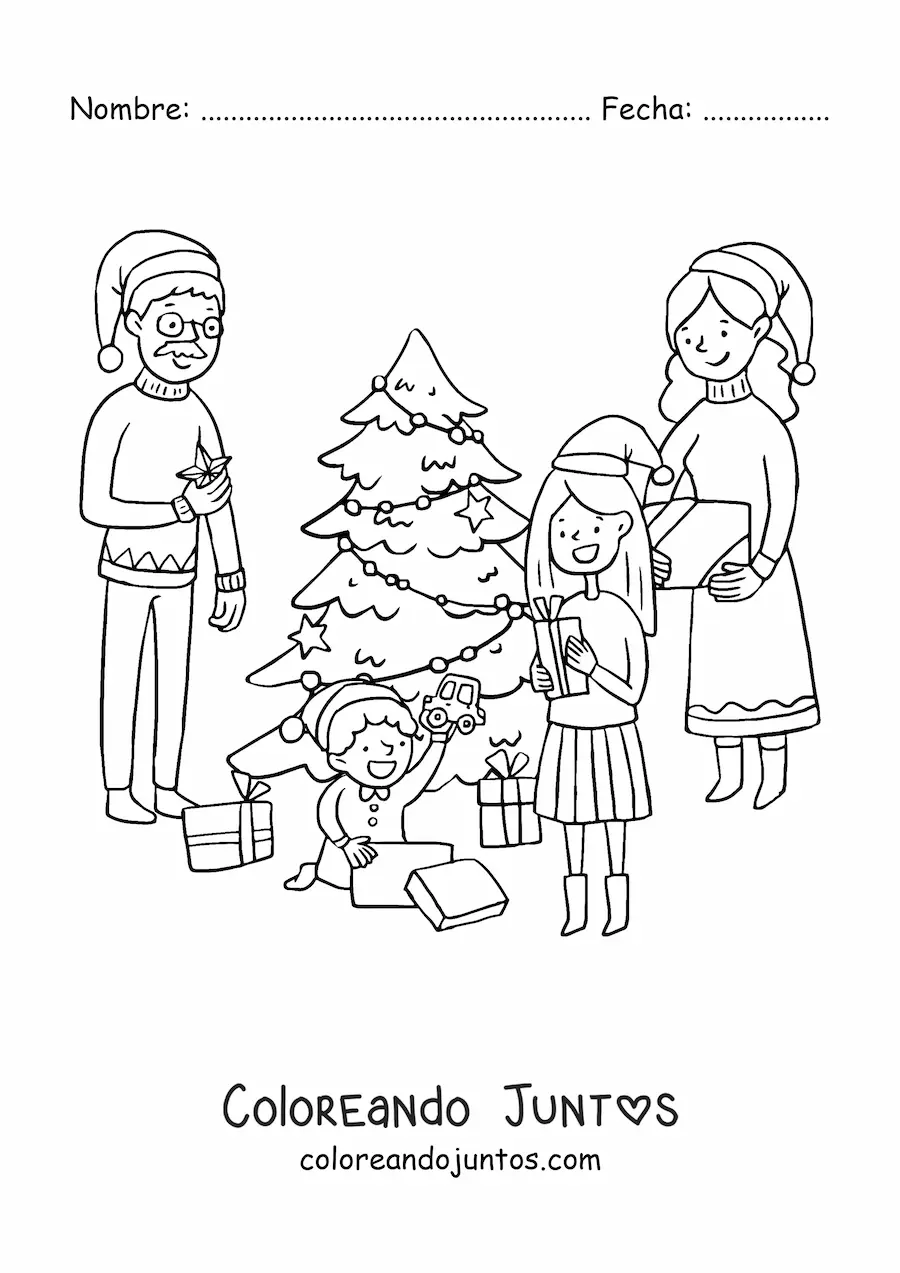 Imagen para colorear de familia con niños abriendo regalos en Navidad