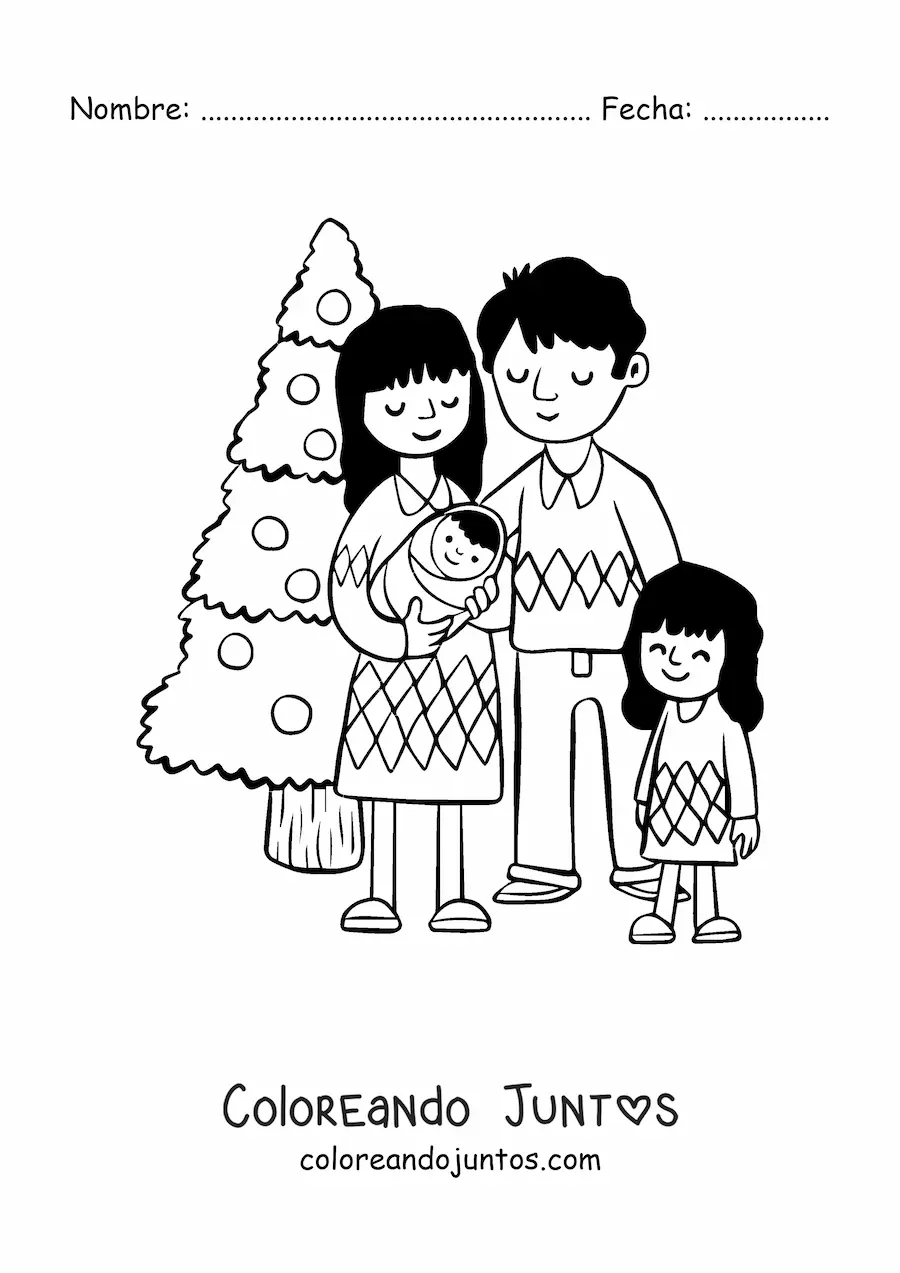 Imagen para colorear de familia con bebé junto al árbol de Navidad