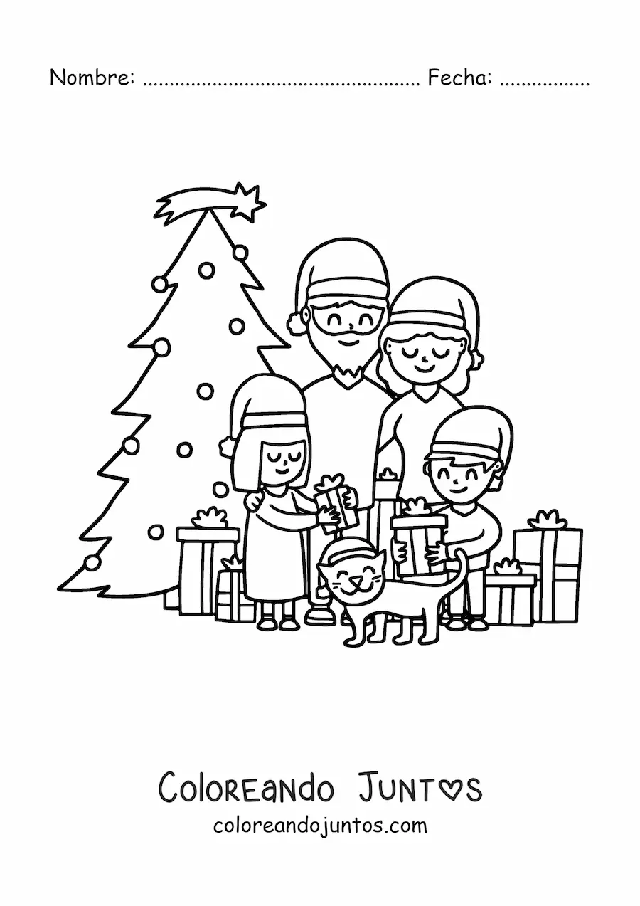 Imagen para colorear de familia de 4 integrantes con gato junto al árbol de Navidad