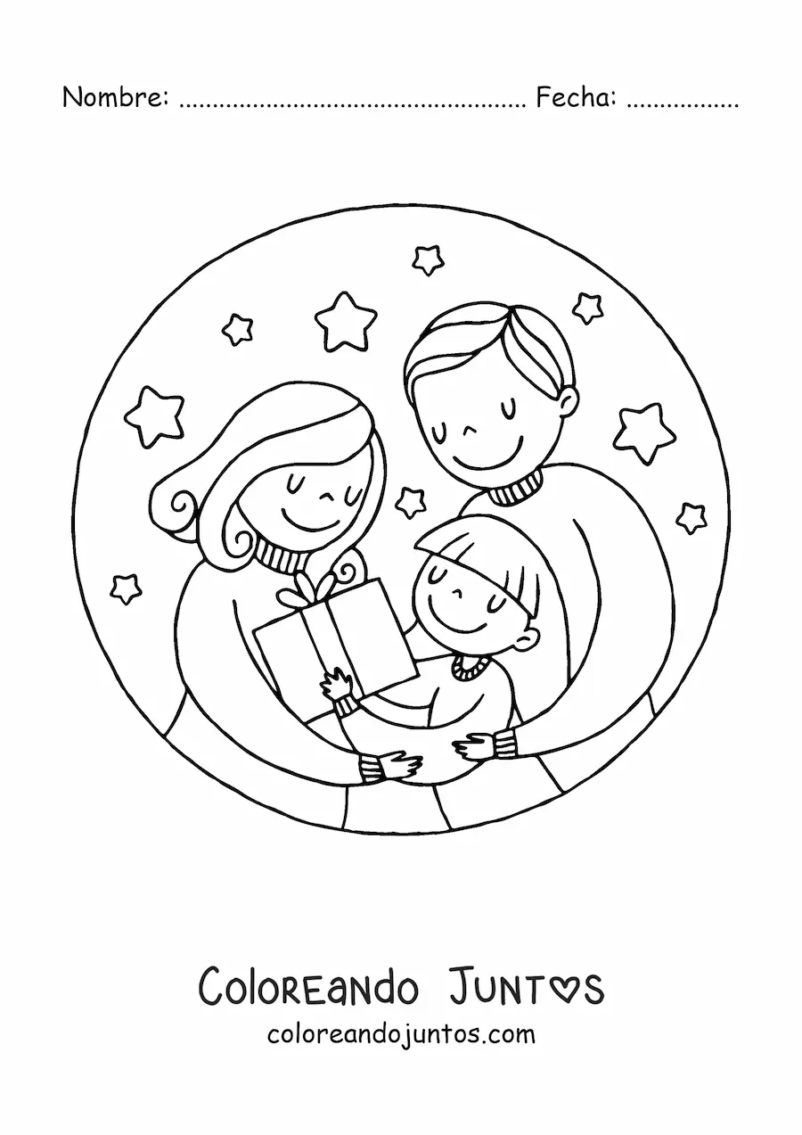 Imagen para colorear de familia de 3 personas en Navidad con regalo