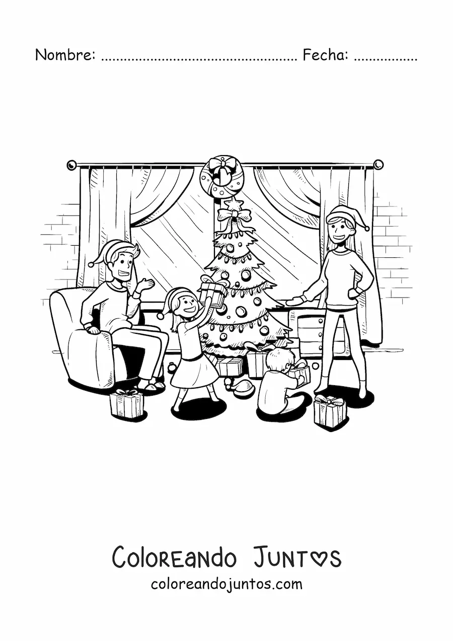 Imagen para colorear de familia abriendo regalos en Navidad en casa