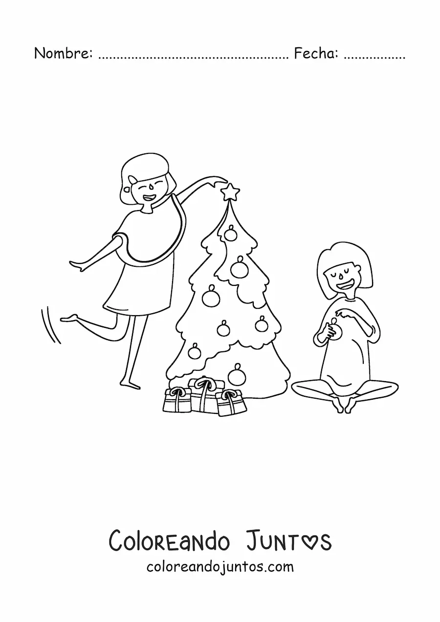 Imagen para colorear de dos chicas decorando el árbol de Navidad