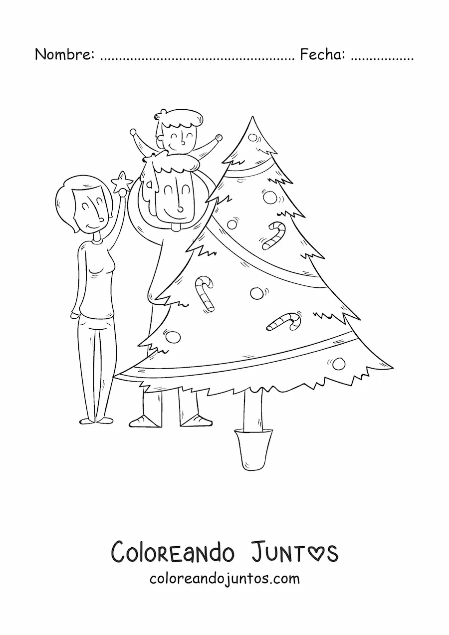 Imagen para colorear de familia decorando el árbol de Navidad
