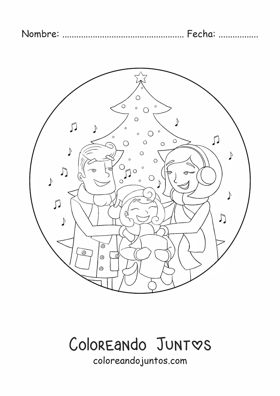 Imagen para colorear de familia cantando villancicos en Navidad