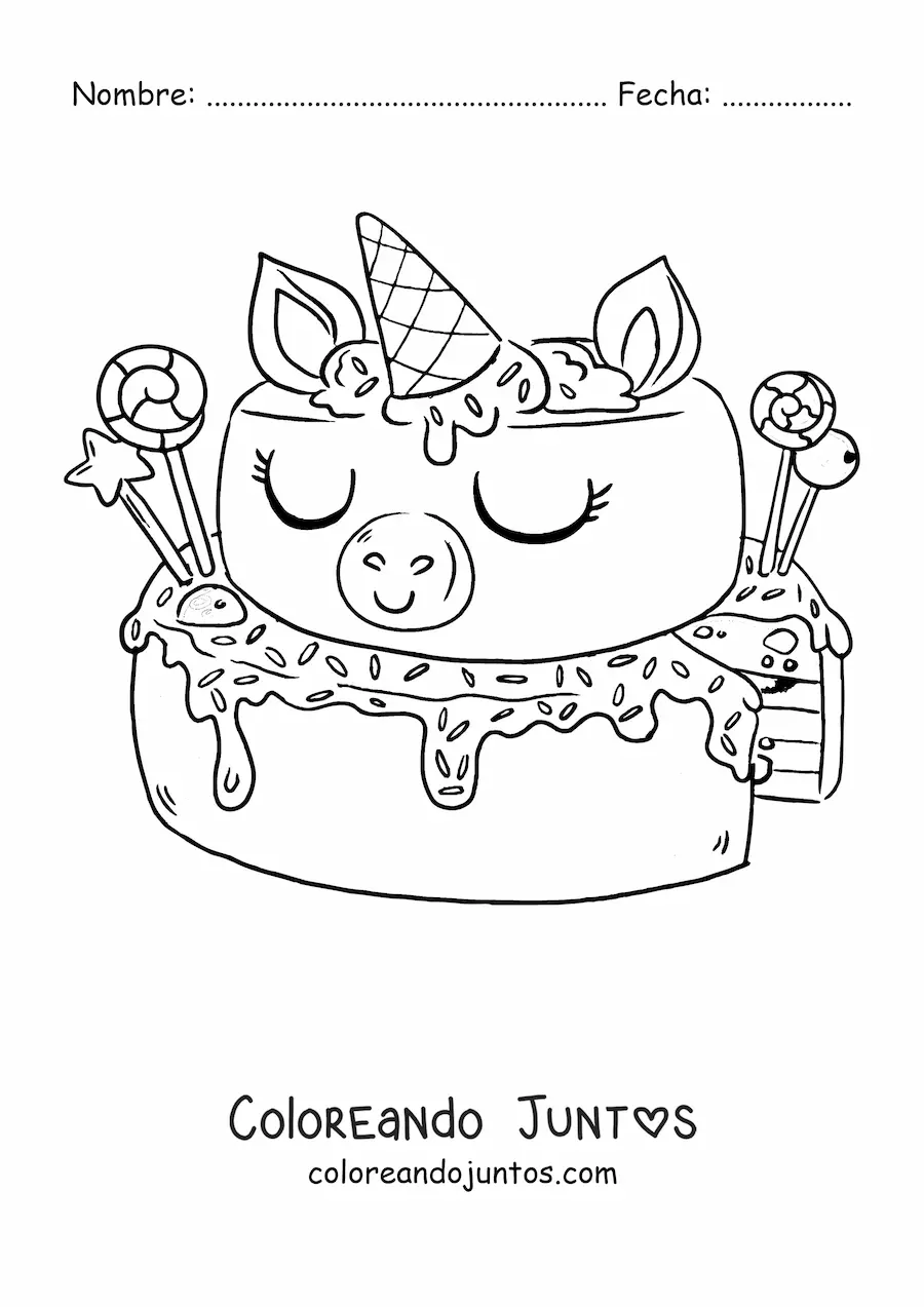Imagen para colorear de un pastel decorado como un unicornio