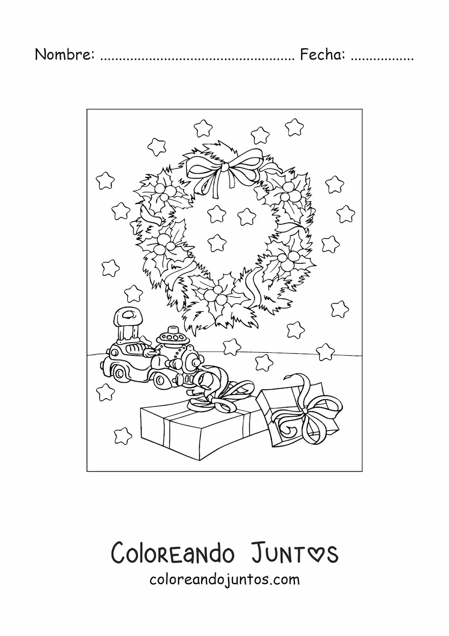 Imagen para colorear de corona de Navidad con regalos