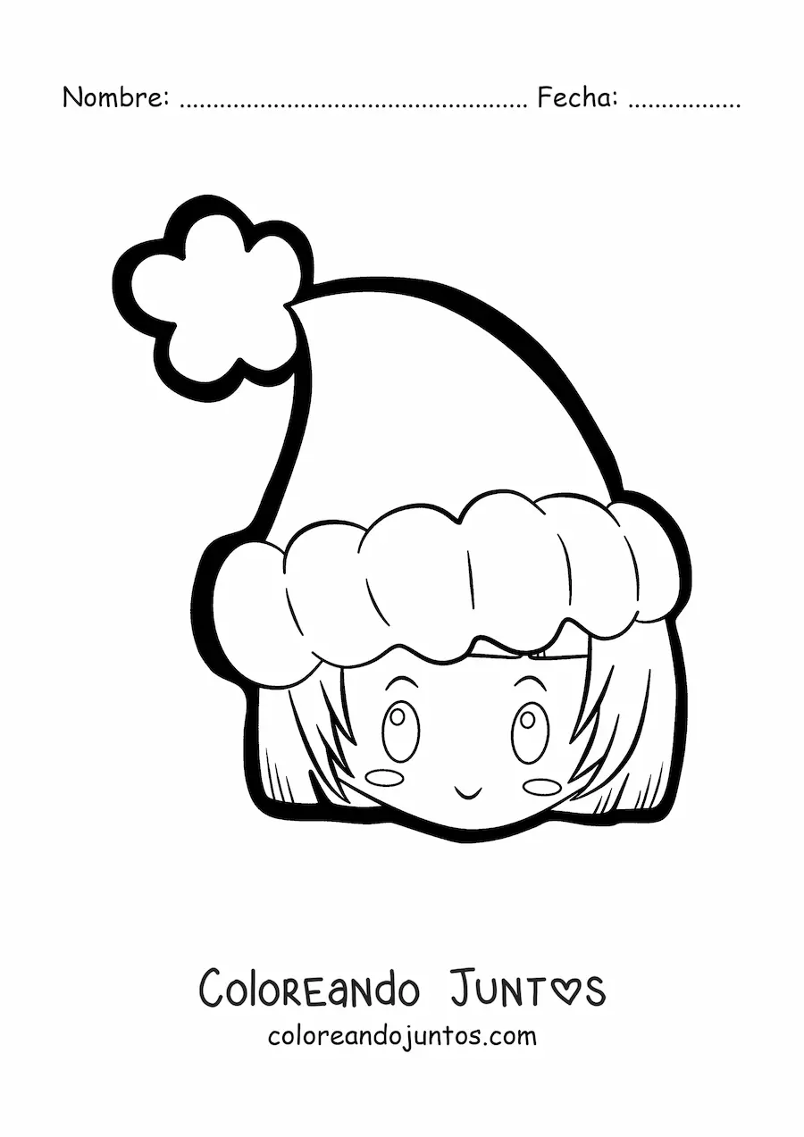Imagen para colorear de niña kawaii con gorro de Navidad