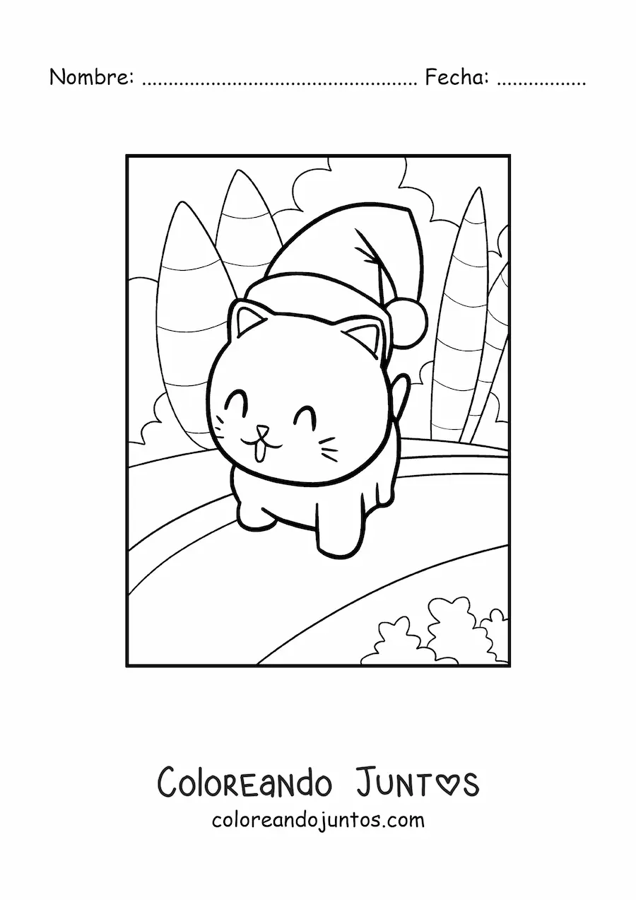 Imagen para colorear de gato kawaii con gorro de Navidad