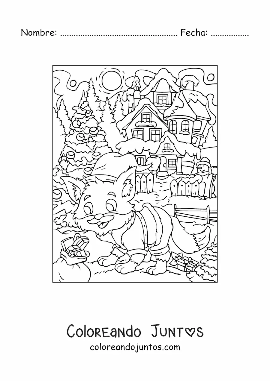 Imagen para colorear de zorro animado con gorro de Navidad