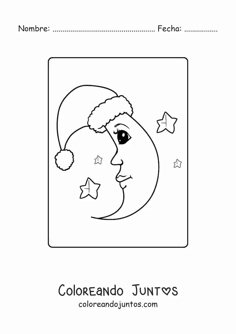 Imagen para colorear de luna animada con gorro de Navidad