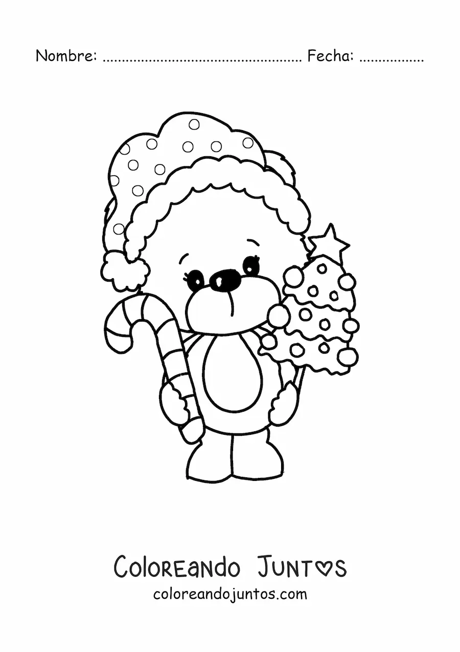 Imagen para colorear de oso de Navidad con árbol de Navidad y bastón de caramelo