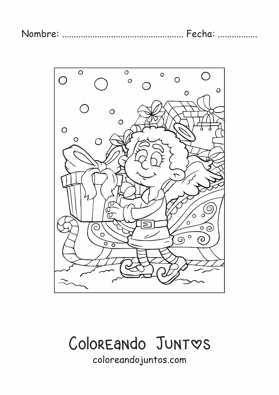 Imagen para colorear de ángel de Navidad animado con regalos