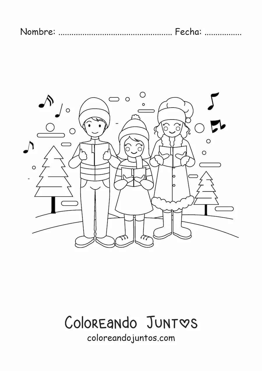 Imagen para colorear de familia cantando villancicos en Navidad