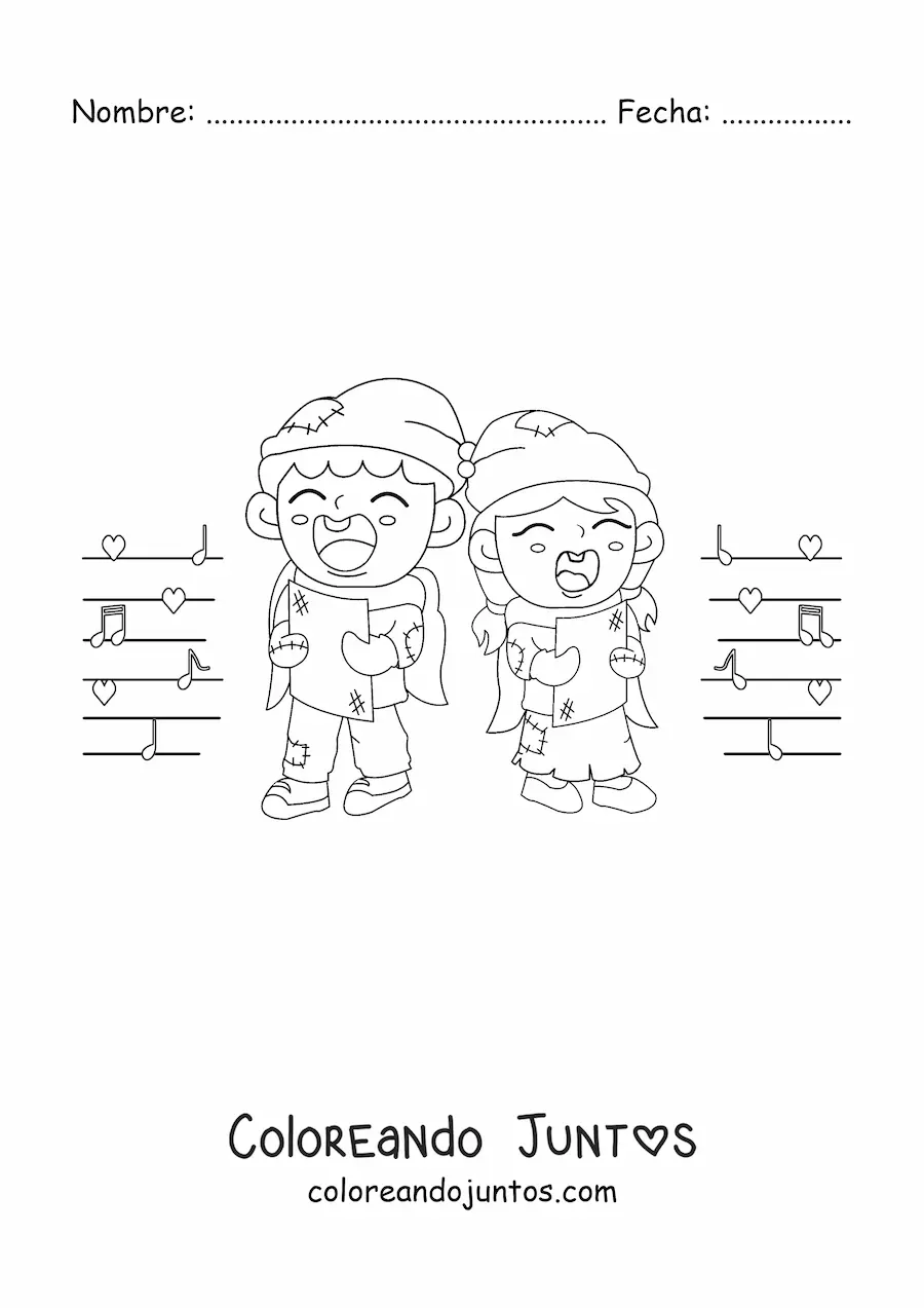 Imagen para colorear de niños pobres cantando villancicos en Navidad