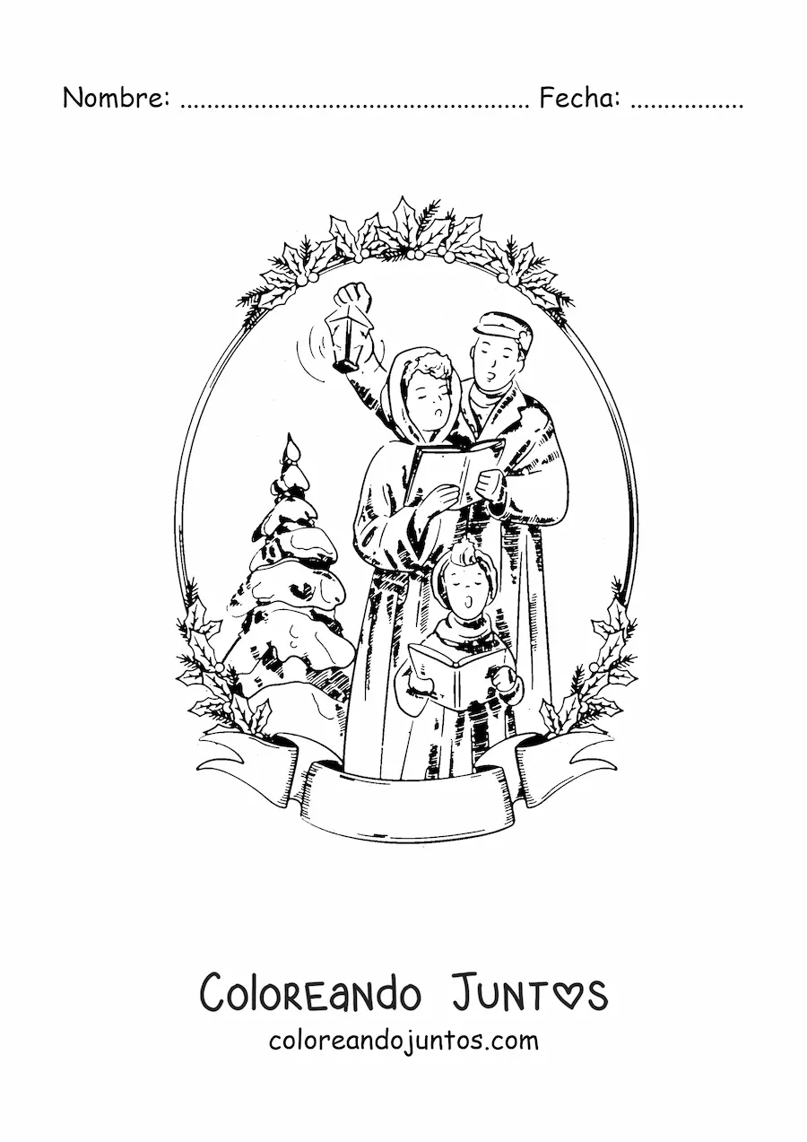 Imagen para colorear de familia vintage cantando villancicos en Navidad