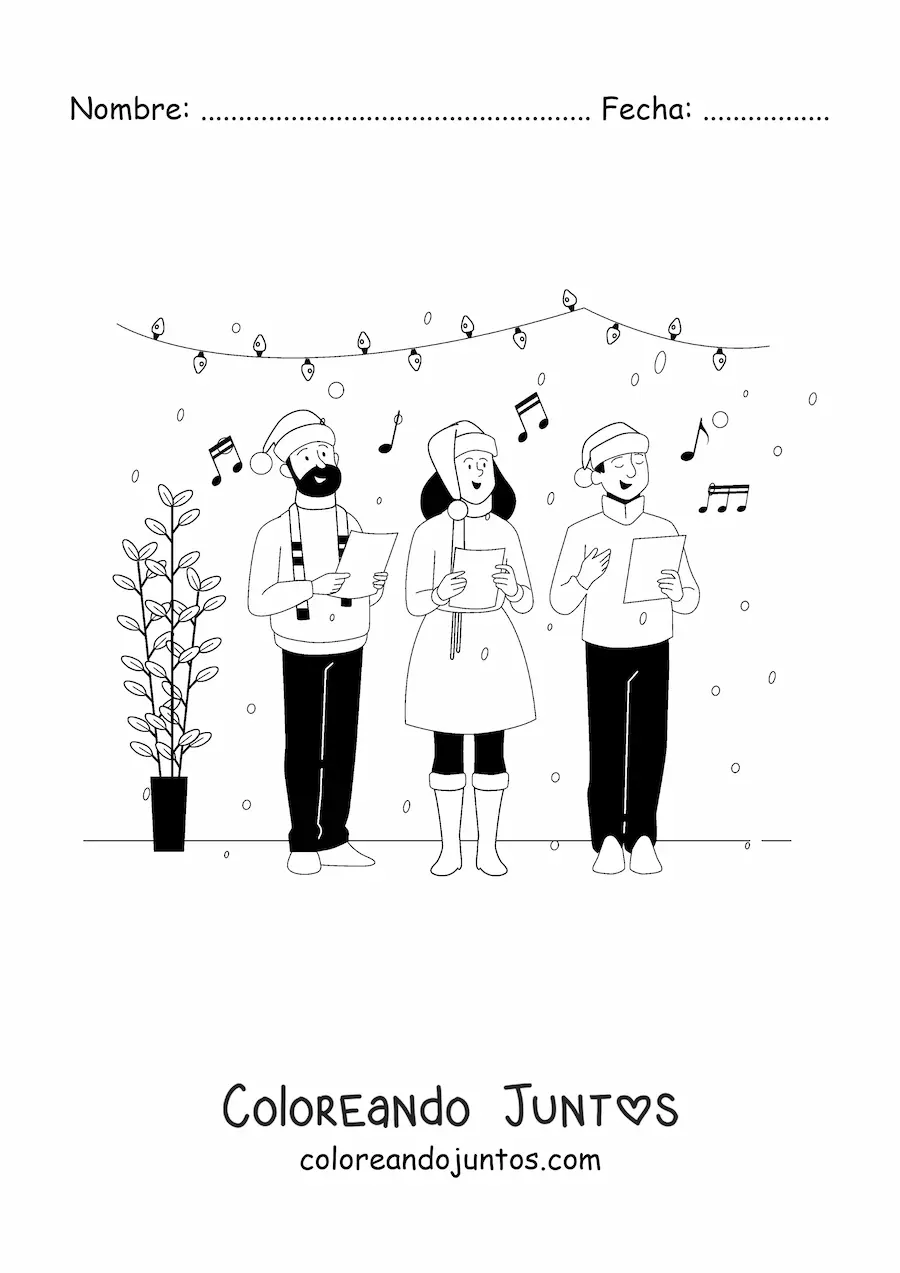 Imagen para colorear de adultos cantando villancicos en Navidad