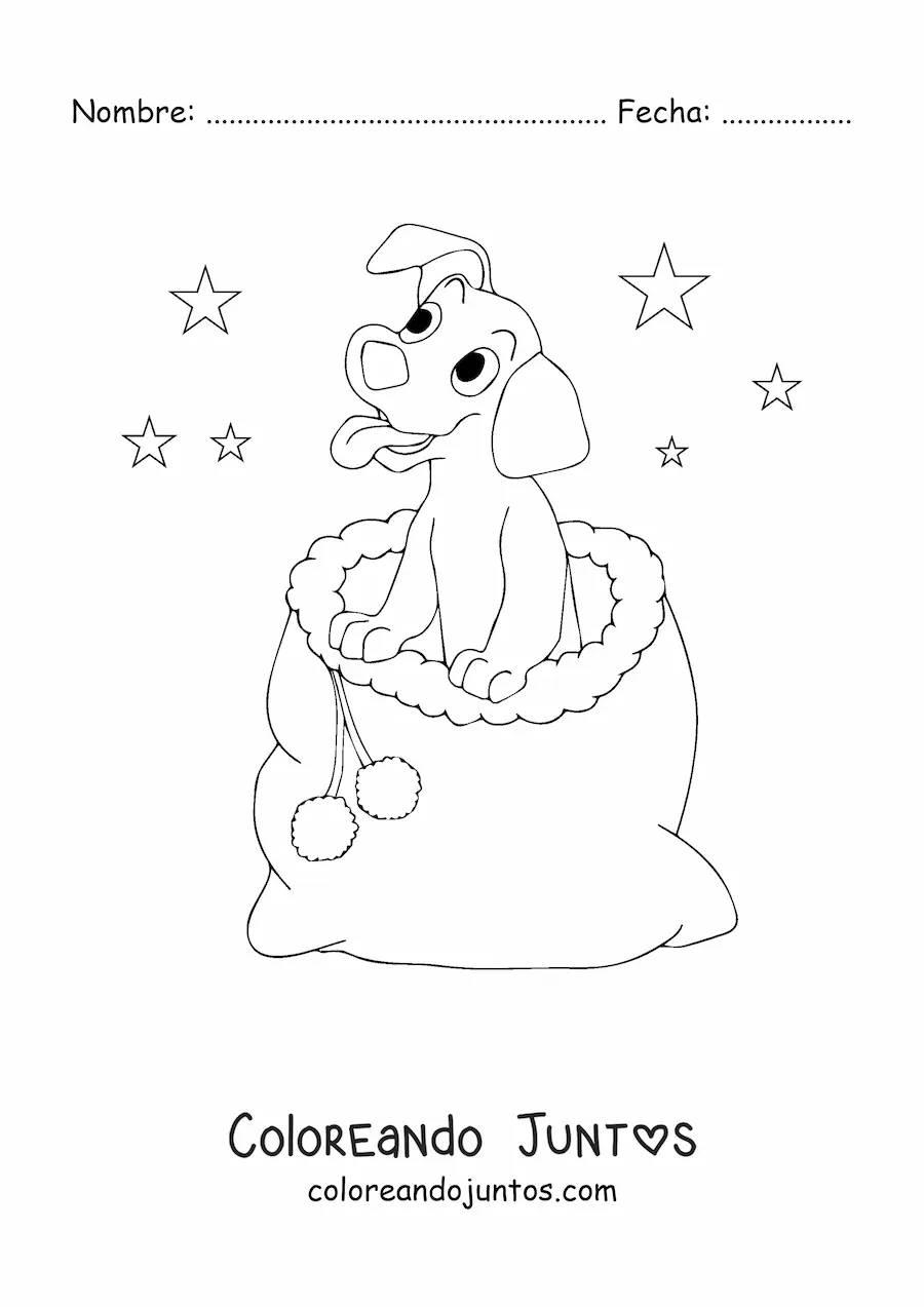 Imagen para colorear de perro navideño kawaii en saco de regalos