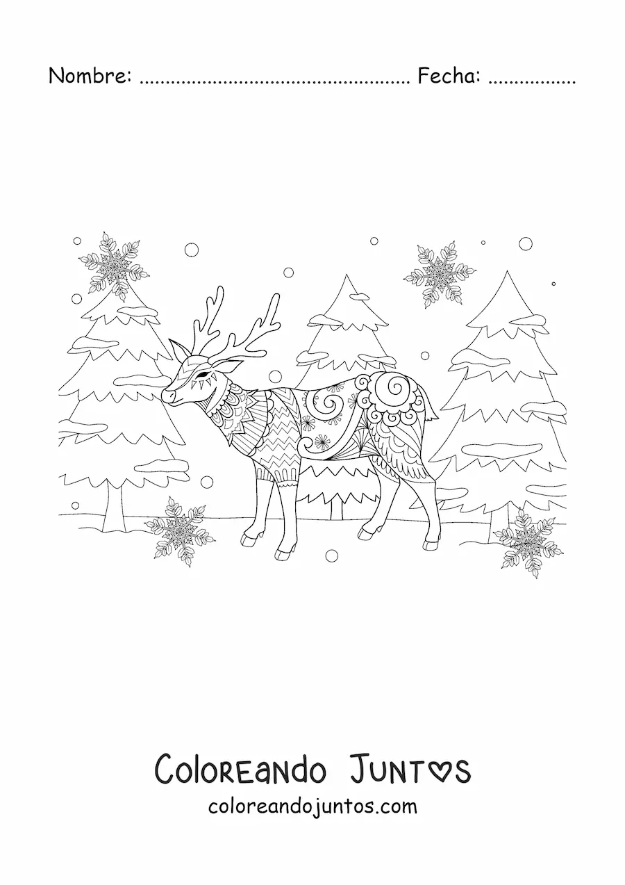Imagen para colorear de ciervo navideño estilo zentangle con pinos