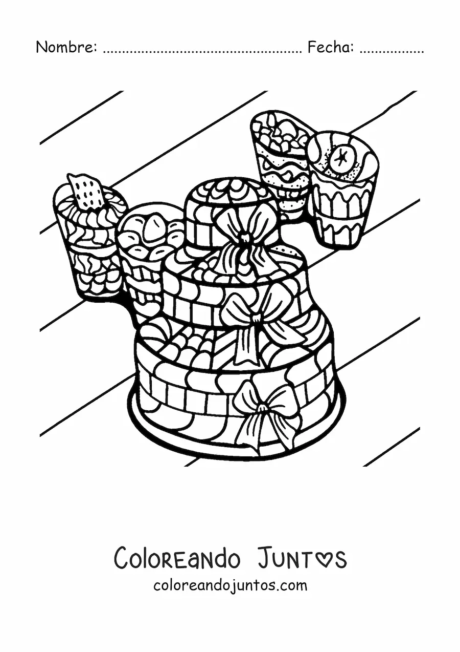 Imagen para colorear de un pastel junto a varios postres