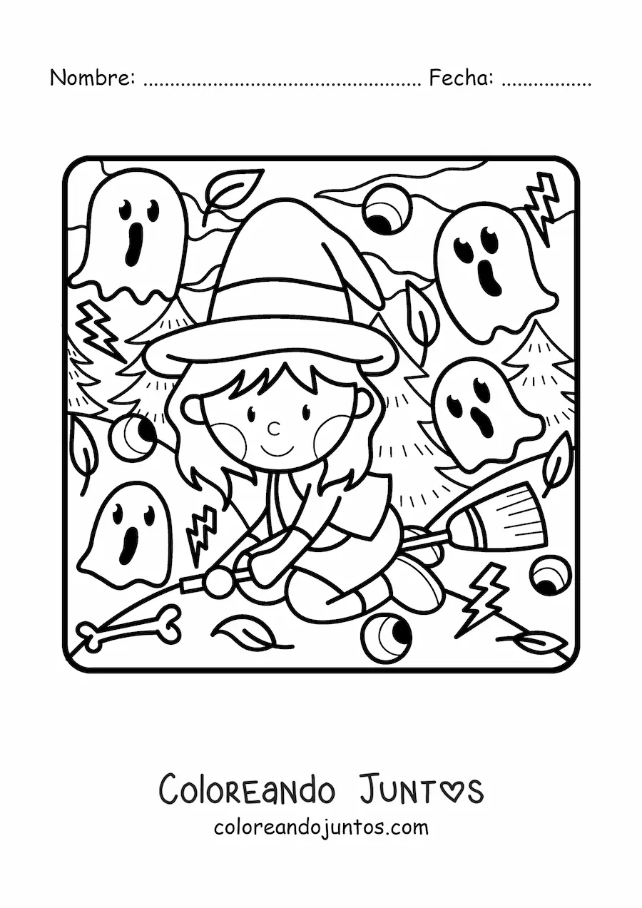 Imagen para colorear de bruja kawaii volando en escoba