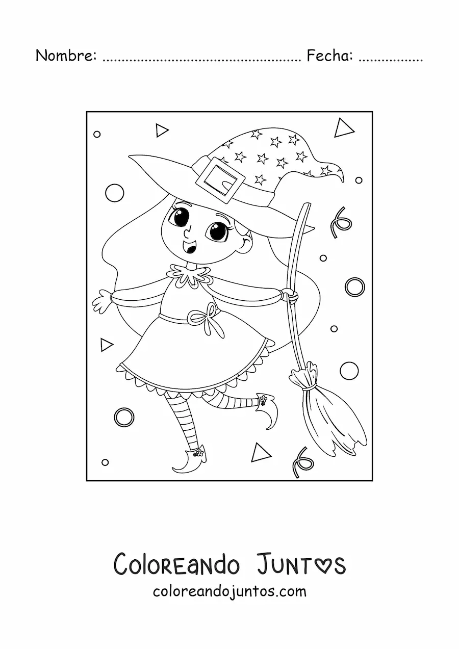 Imagen para colorear de bruja bonita con escoba