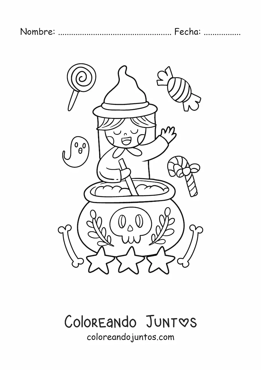 Imagen para colorear de bruja kawaii con caldero
