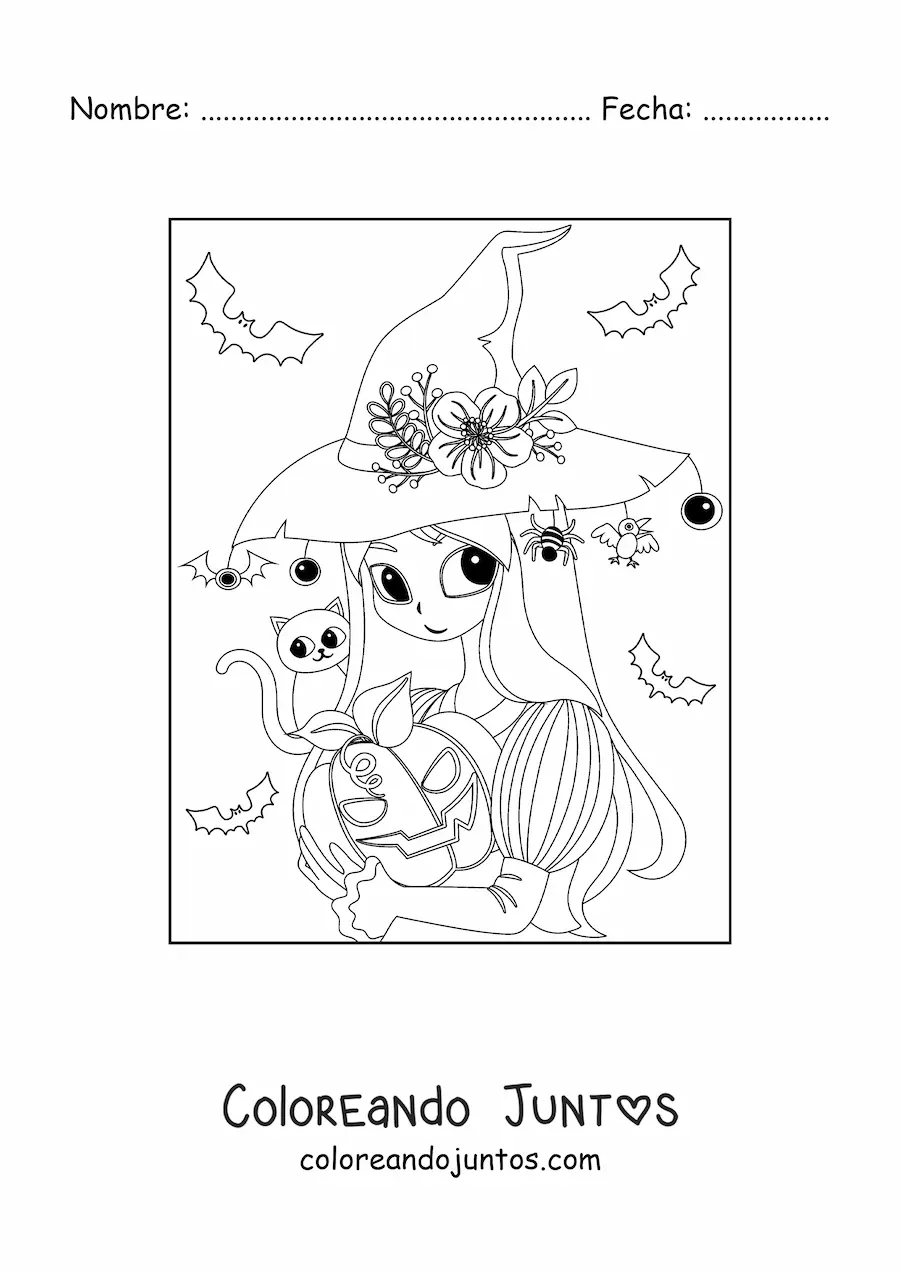 Imagen para colorear de bruja bonita con gato y calabaza de Halloween