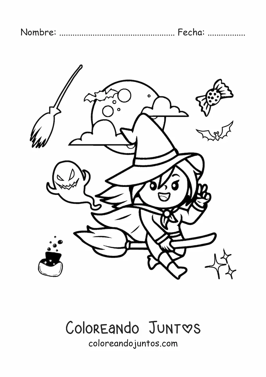 Imagen para colorear de bruja animada volando en escoba