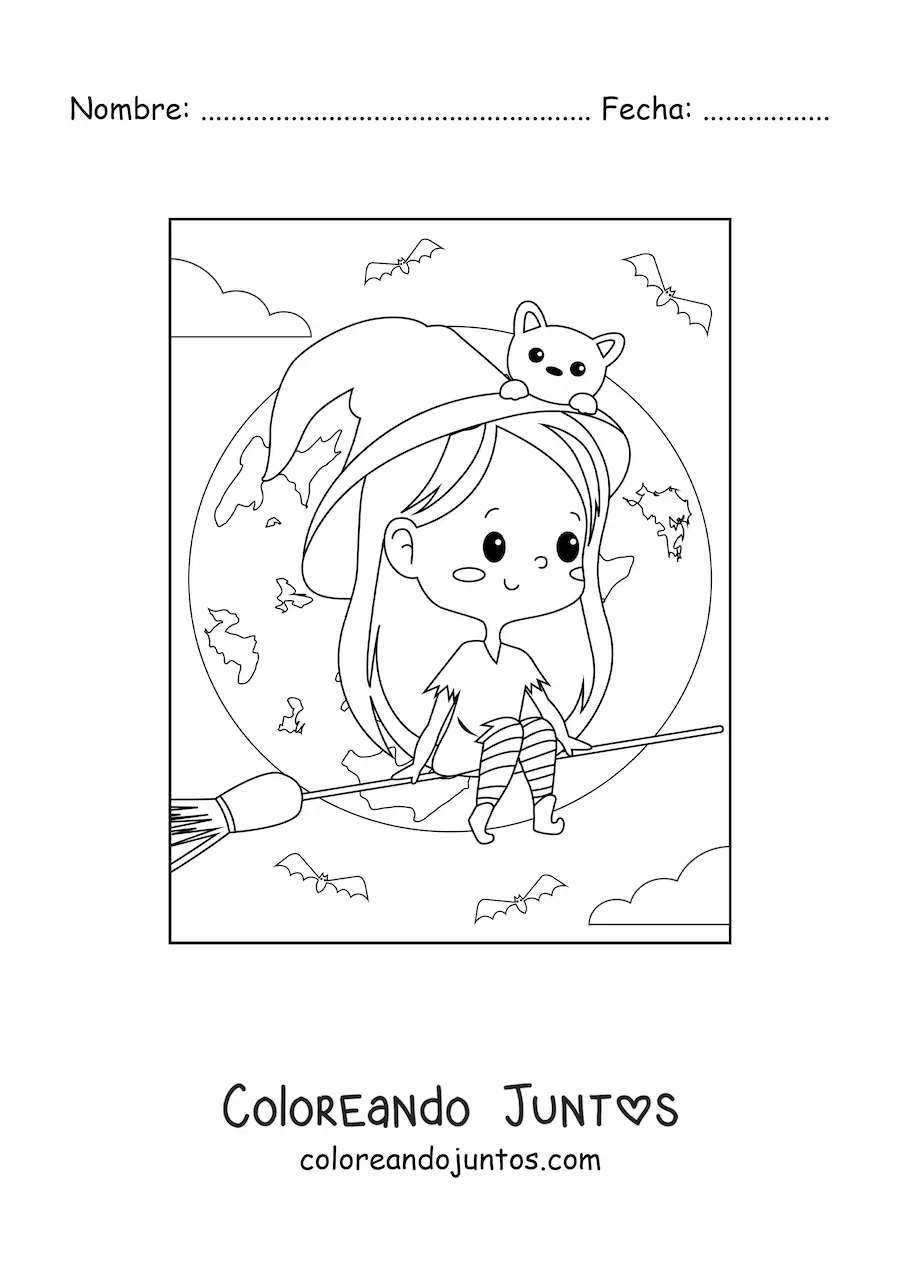 Imagen para colorear de bruja de Halloween kawaii volando en escoba con gato