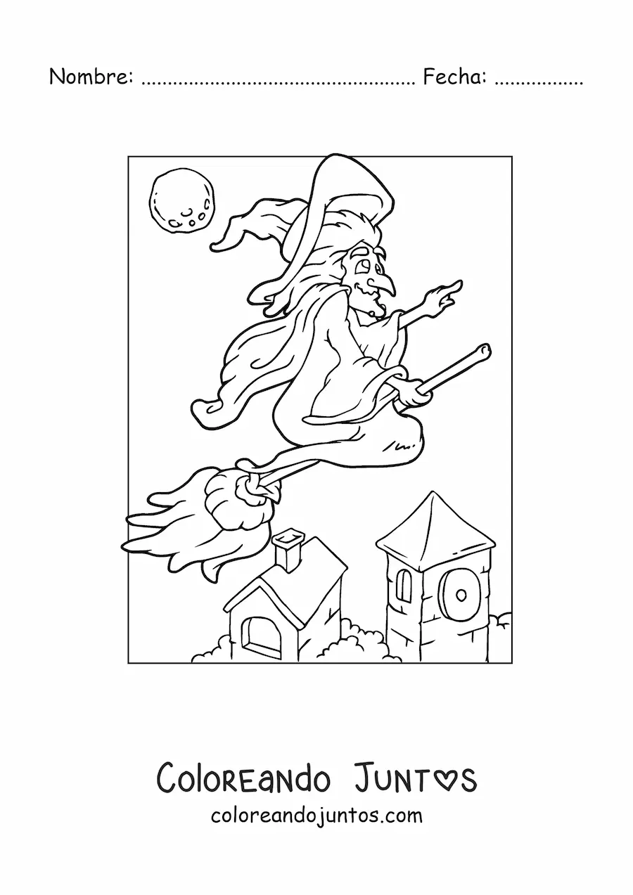 Imagen para colorear de bruja mala volando en escoba