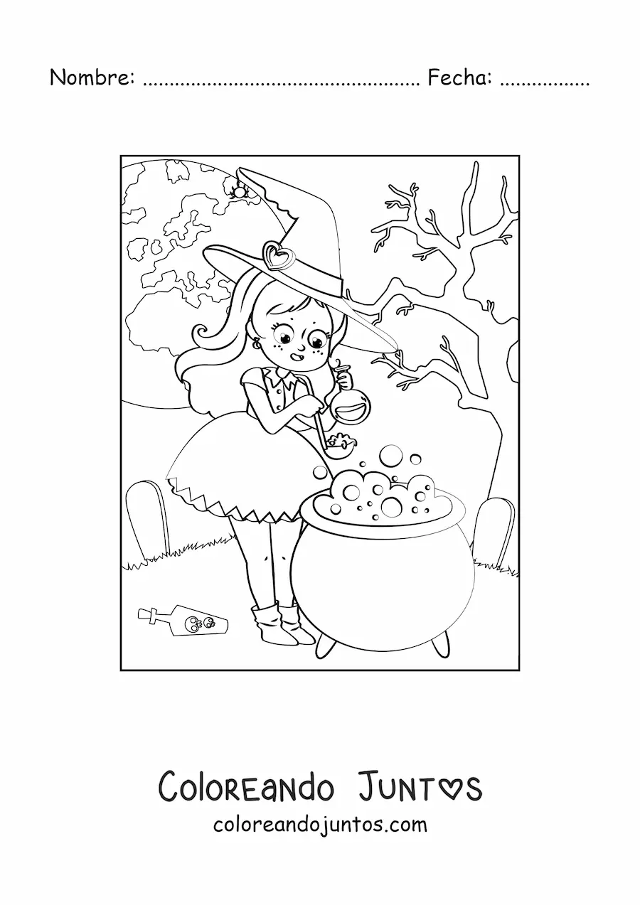 Imagen para colorear de bruja kawaii preparando pócima con Luna llena