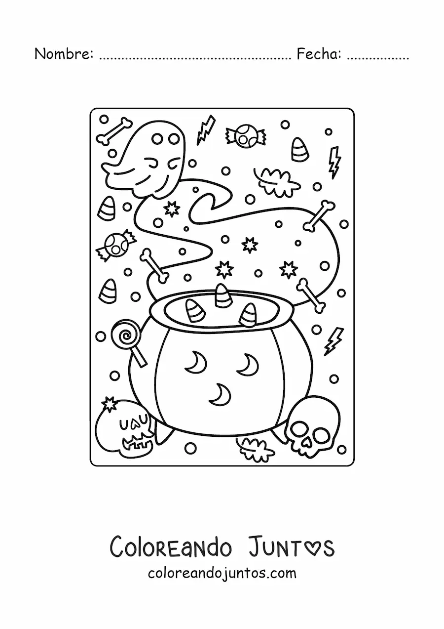 Imagen para colorear de caldero de bruja con fantasma y dulces de Halloween