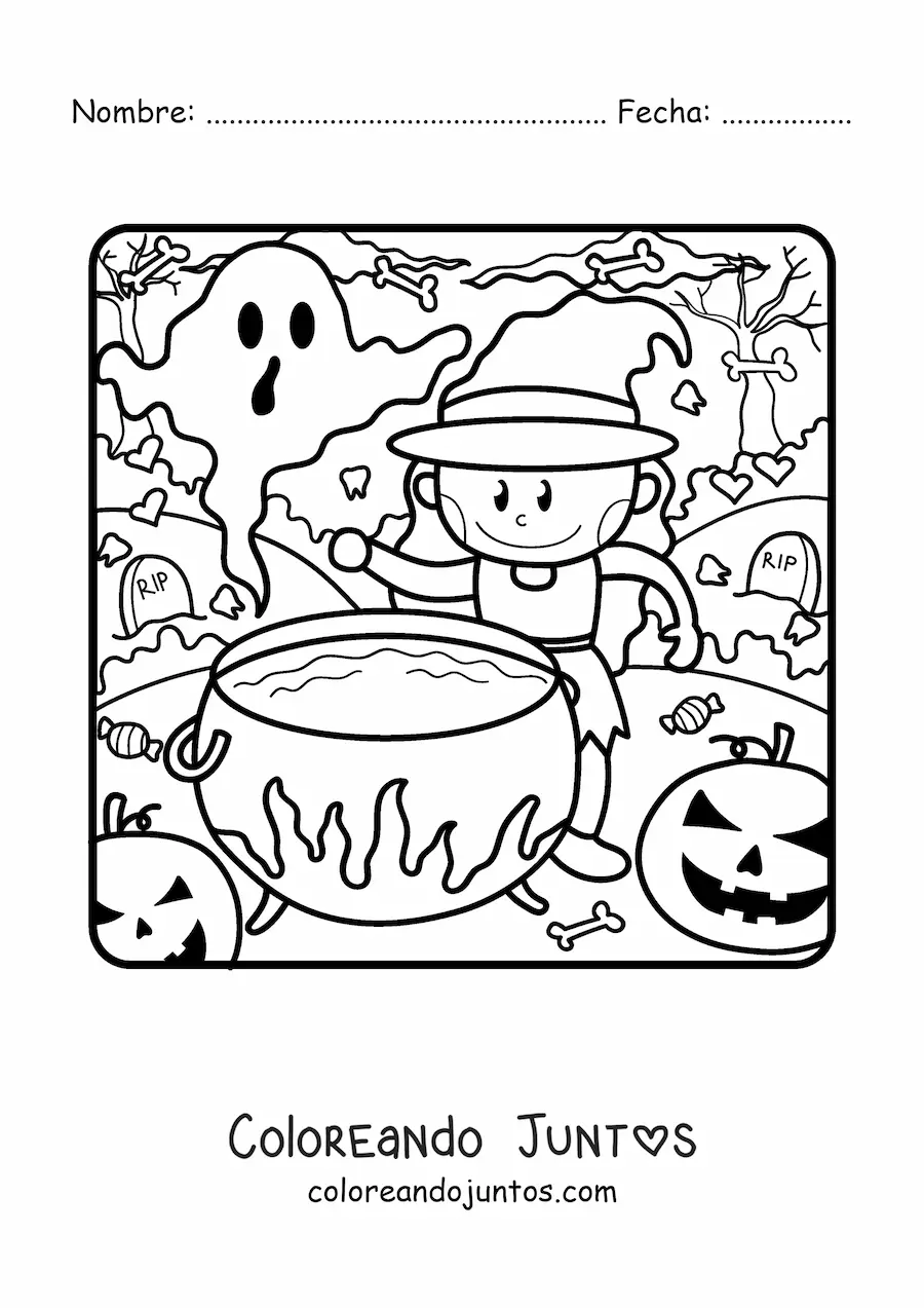 Imagen para colorear de bruja de caricatura con caldero y fantasma