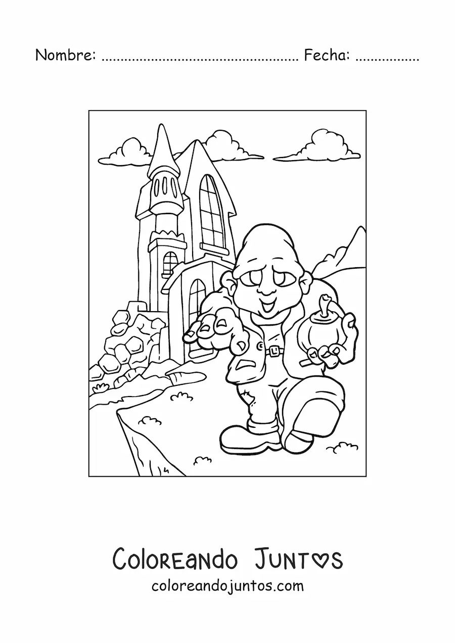 Imagen para colorear de zombie con casa encantada de Halloween