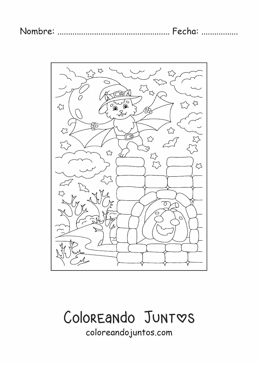 Imagen para colorear de gato disfrazado de murciélago kawaii con calabaza de Halloween