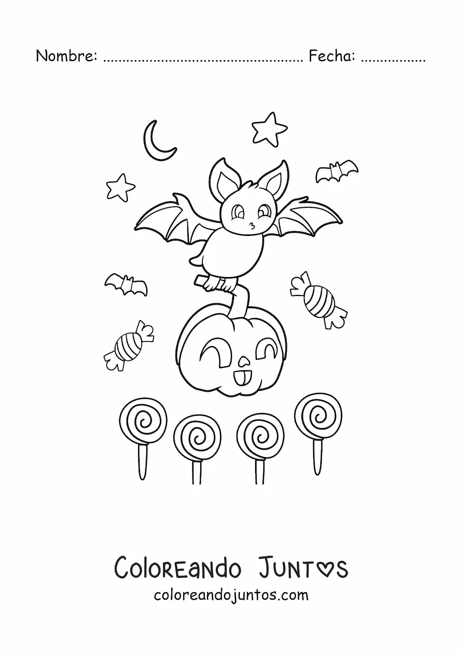 Imagen para colorear de murciélago animado con calabaza y dulces de Halloween