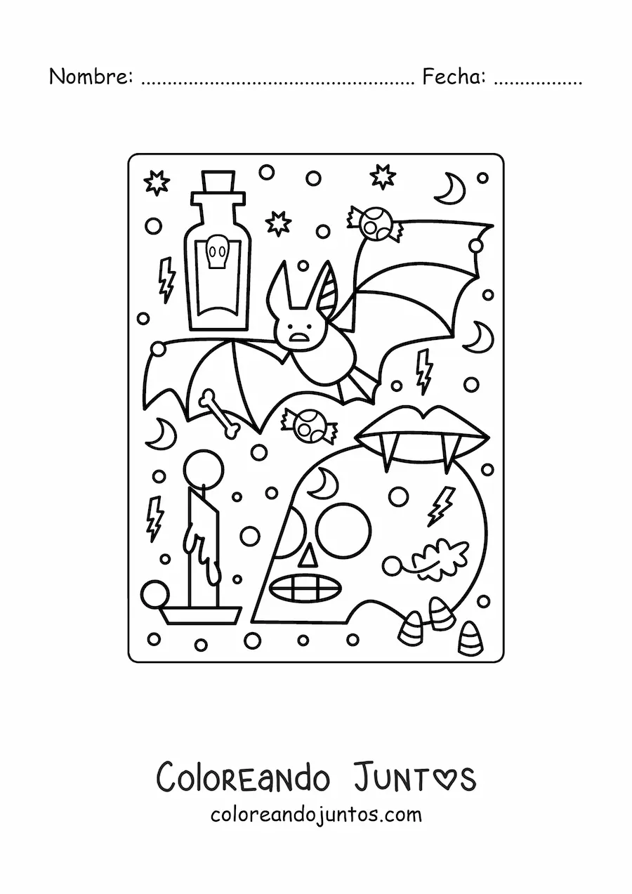 Imagen para colorear de murciélago animado con calavera de Halloween