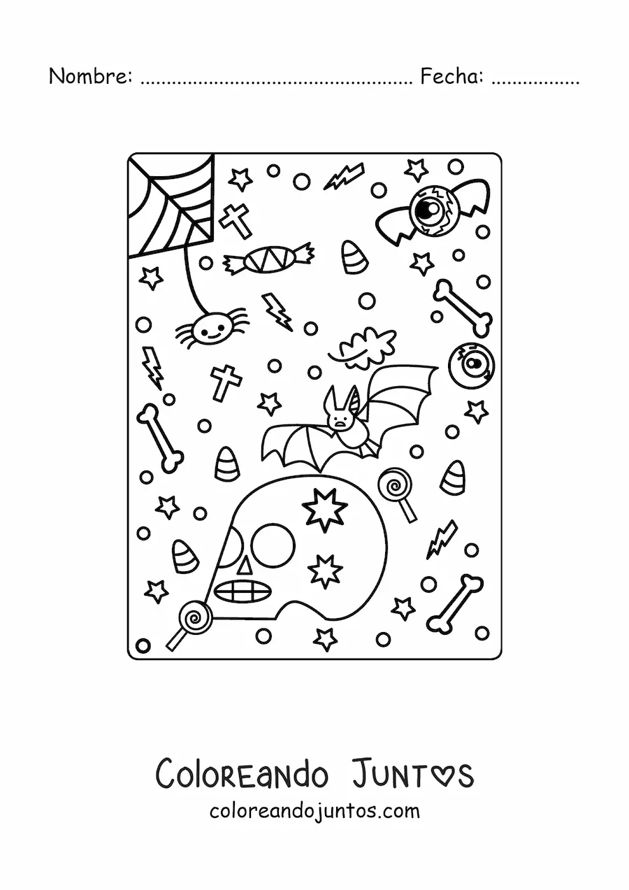 Imagen para colorear de murciélago animado con araña y calavera de Halloween