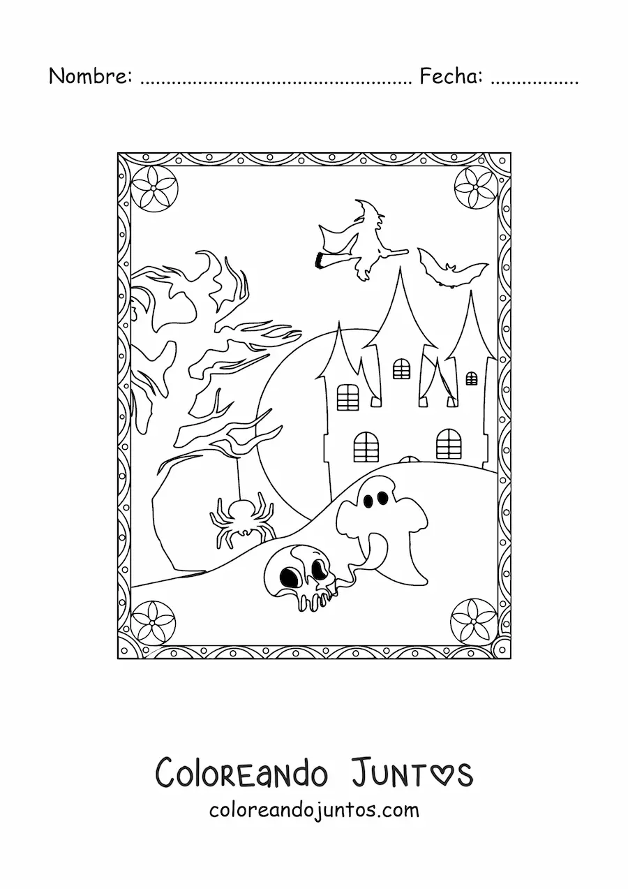 Imagen para colorear de murciélago volando junto a casa embrujada