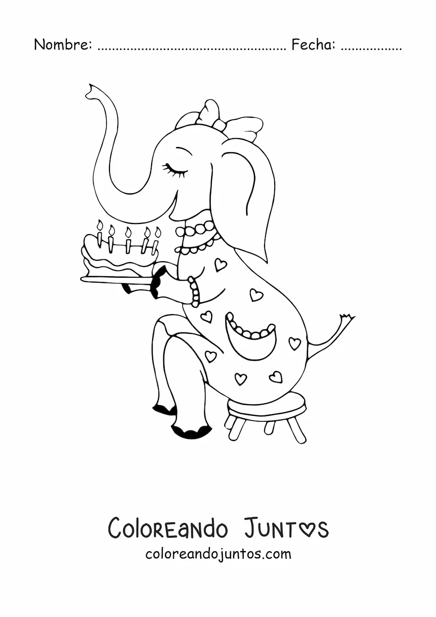 Imagen para colorear de un elefante animado con un pastel de cumpleaños