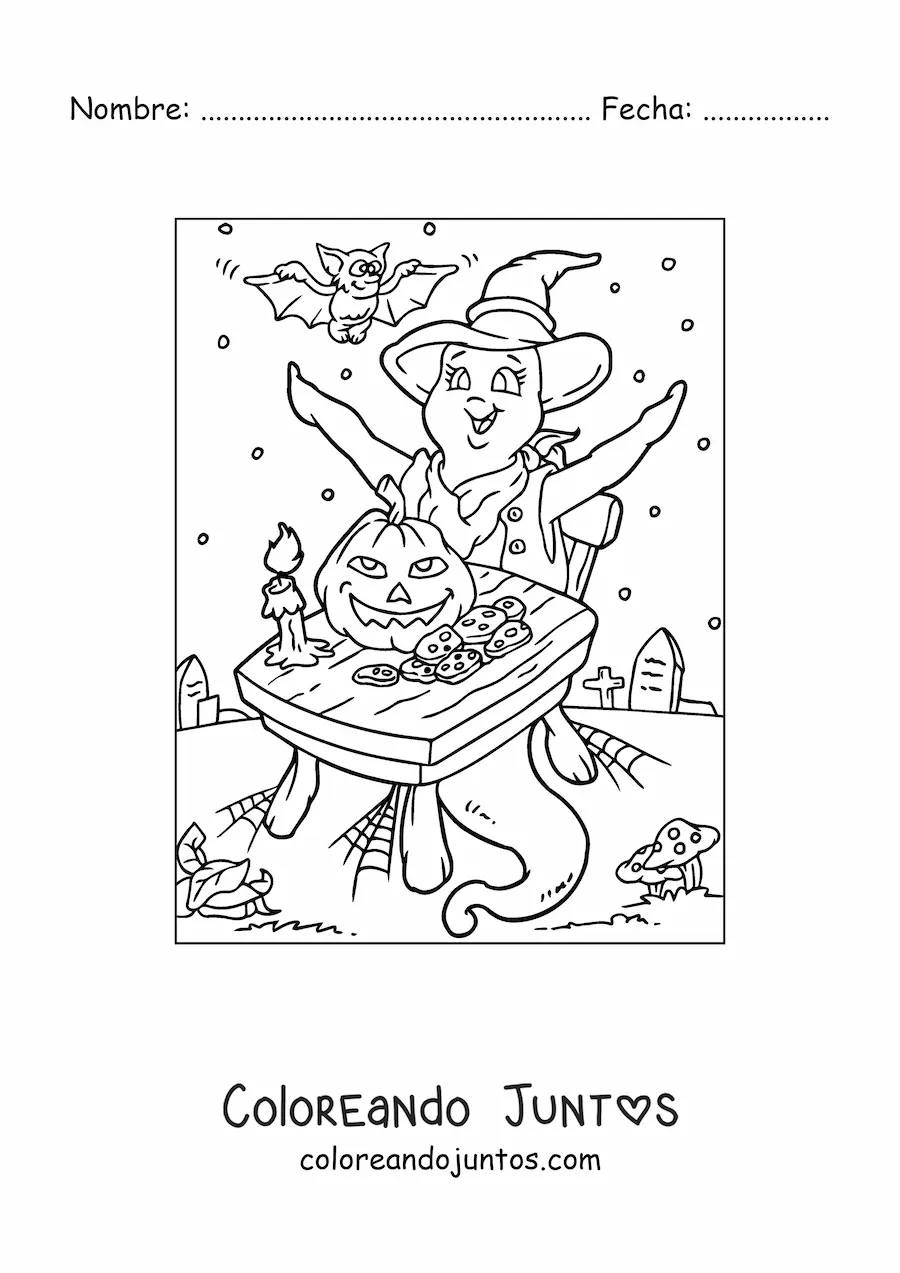 Imagen para colorear de fantasma animado con calabaza de Halloween y murciélagos