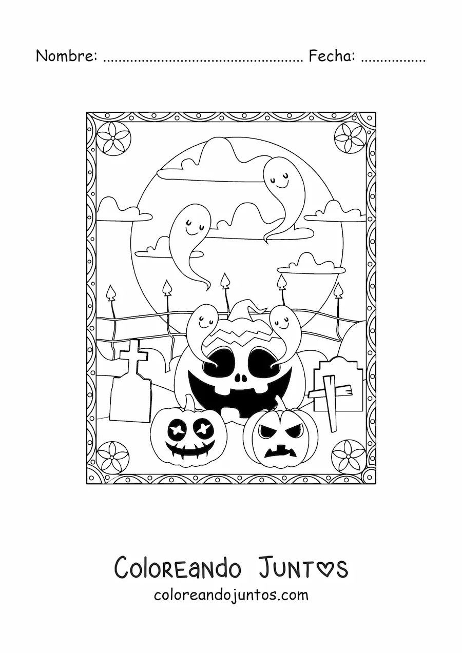 Imagen para colorear de fantasmas con calabazas de Halloween aterradoras