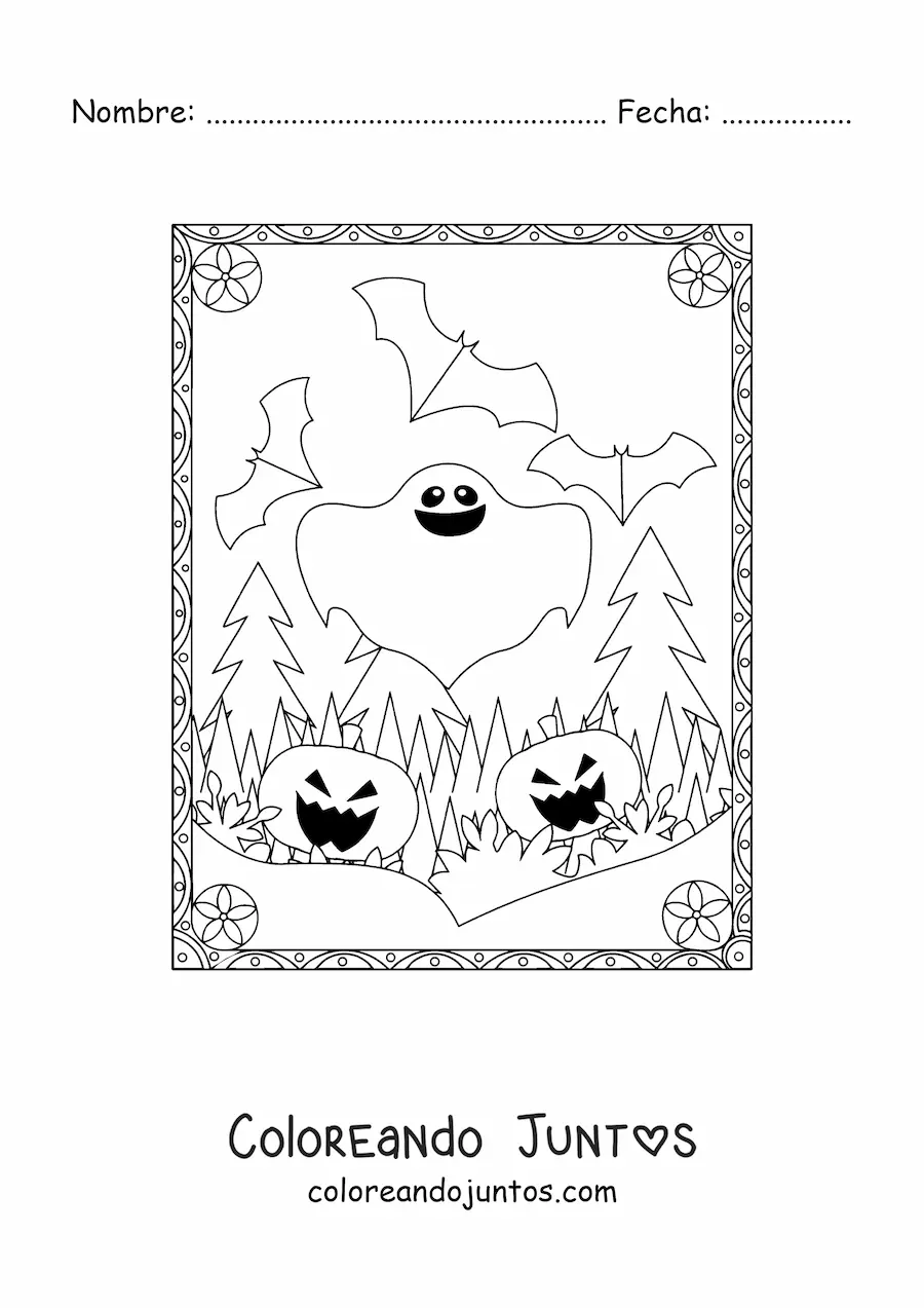 Imagen para colorear de fantasma con calabazas de Halloween aterradoras y murciélagos