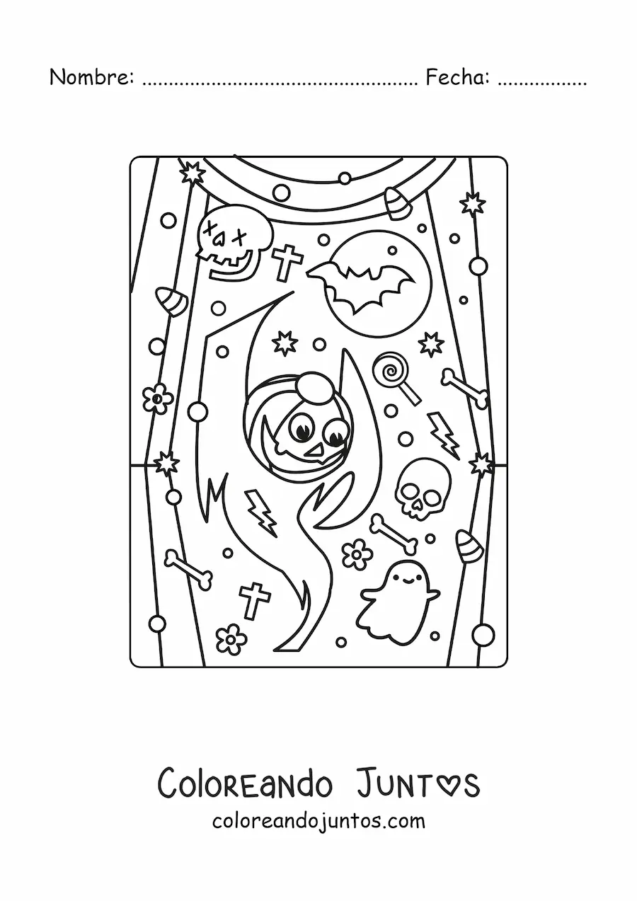 Imagen para colorear de fantasma kawaii con calabaza de Halloween y dulces