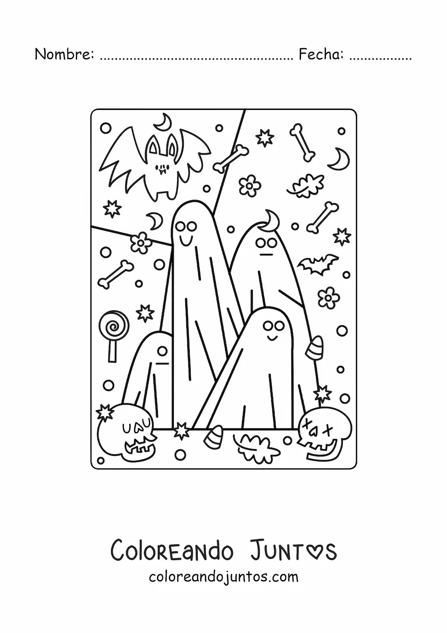 Imagen para colorear de fantasmas animados con murciélago kawaii
