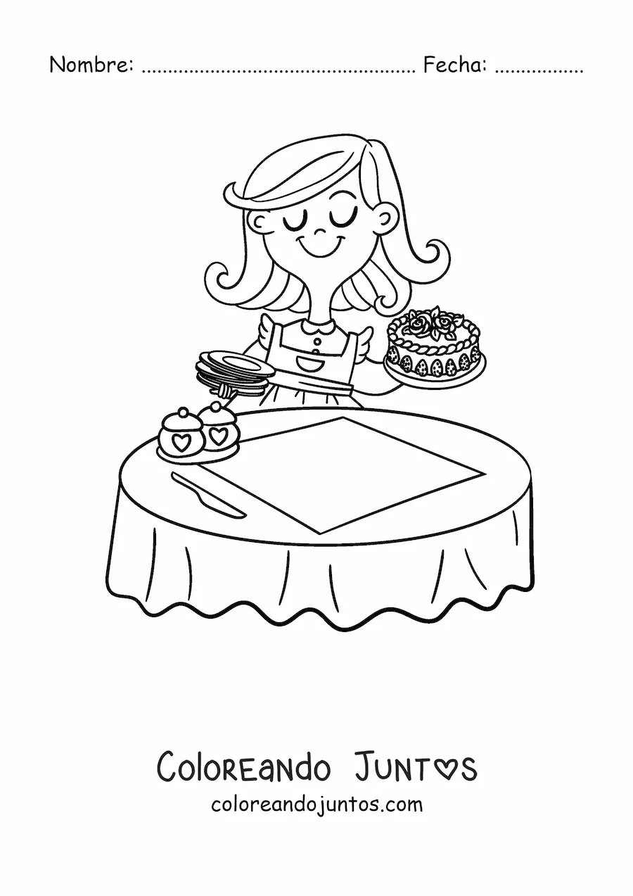 Imagen para colorear de una mamá colocando un pastel en una mesa