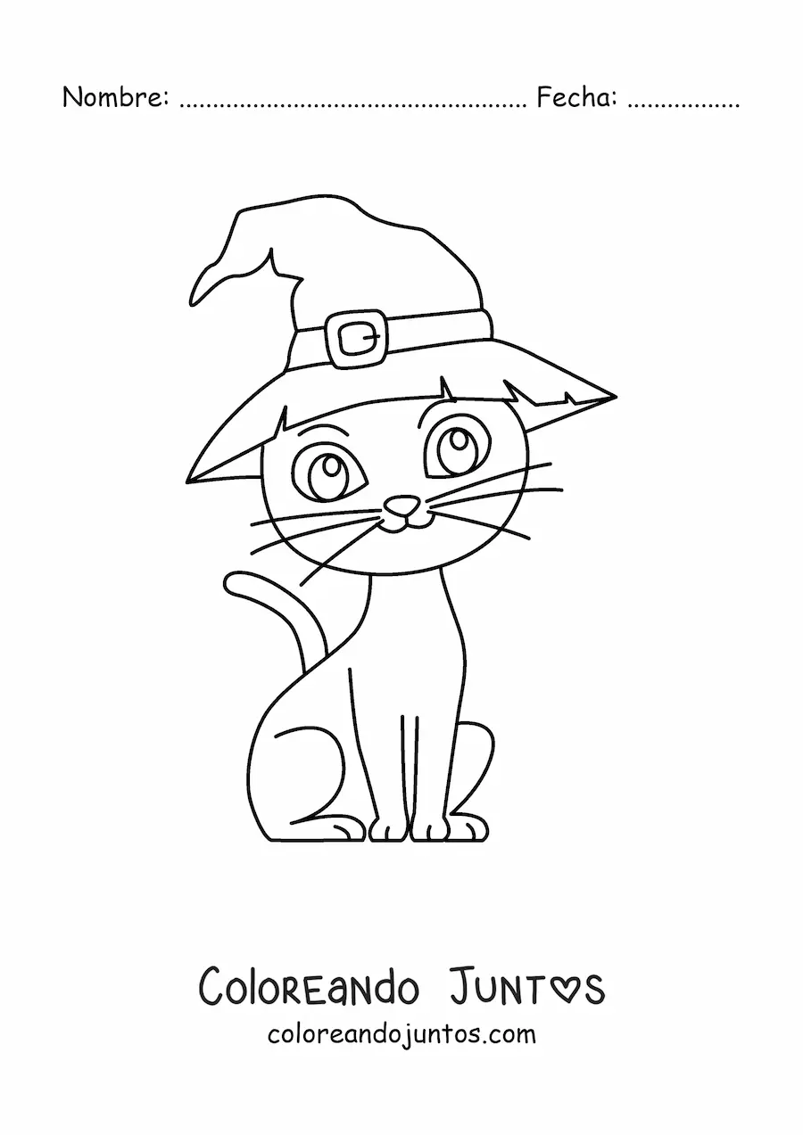 Imagen para colorear de gato de Halloween grande con sombrero de bruja