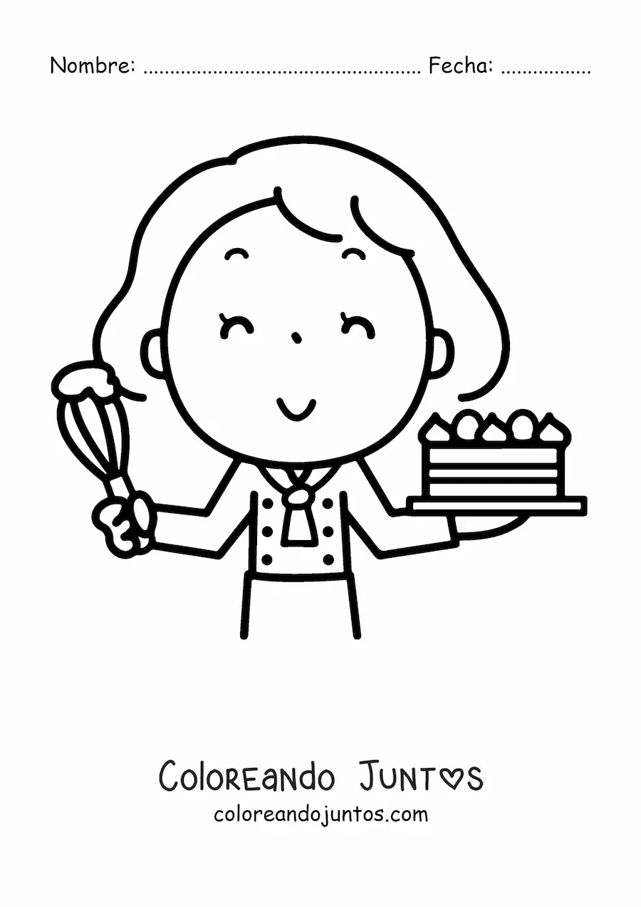 Imagen para colorear de una chica repostera con un pastel